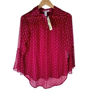 Red Anchor Print Sheer Blouse Top Button Down Bell Sleeve NWT Coastal‎ Nautical
